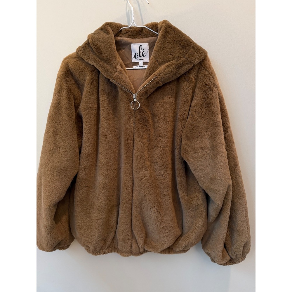 Ole by Koton Faux Fur Hooded Jacket Brown Quarter Zip Ring Pull Bomber Coat S
